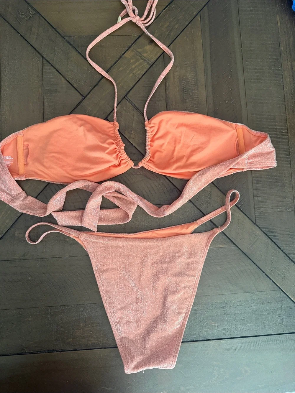 Monday Swimwear Orange Shimmer 2 Piece Bikini Set Cheeky Bottoms size M L